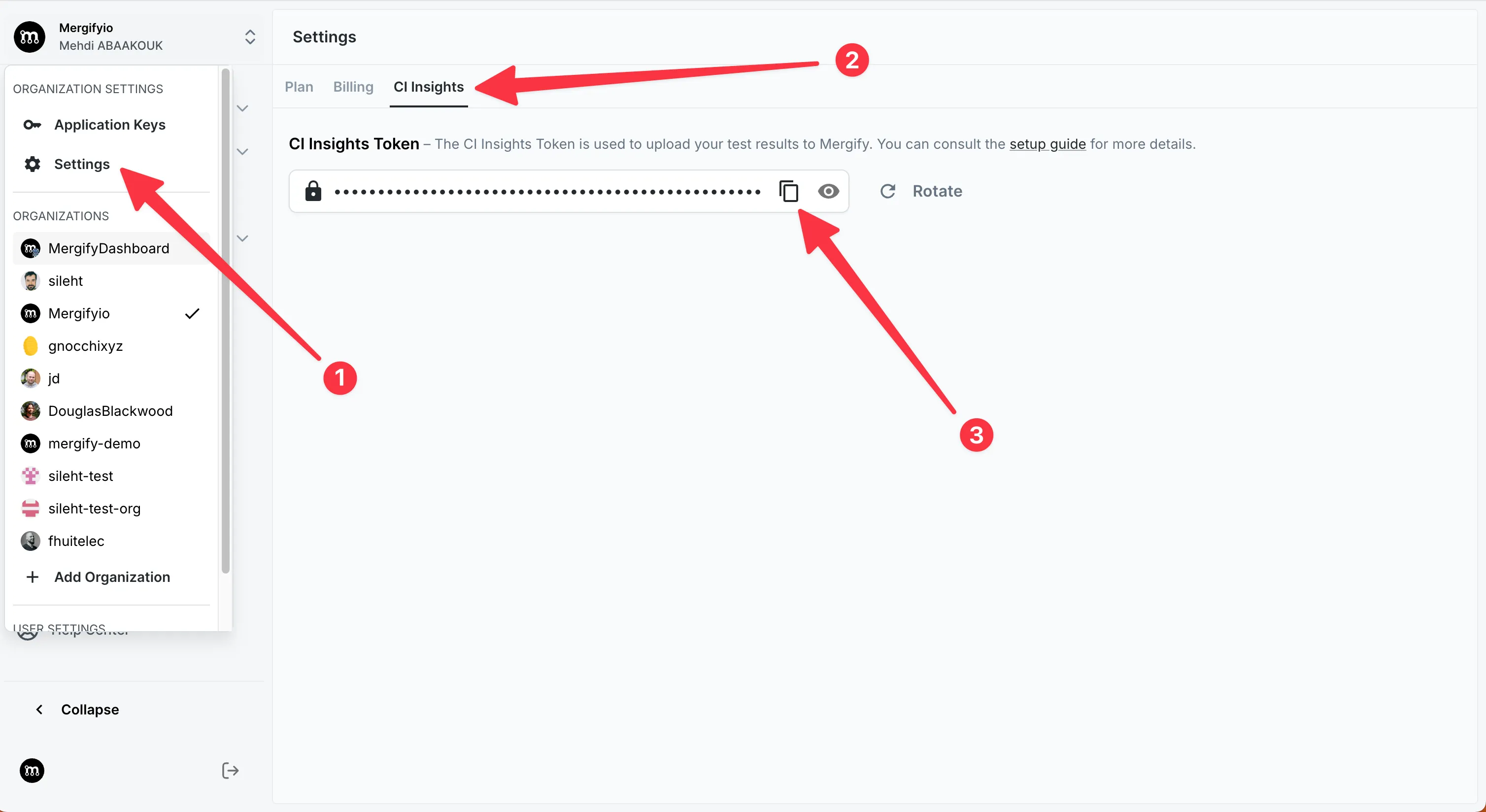 CI Insights token in Mergify organization settings